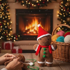 May include: A crocheted gingerbread man wearing a red hat and scarf, with green buttons, sits on a wooden table. A basket of yarn and a pair of scissors are nearby. The background features a fireplace and Christmas decorations.
