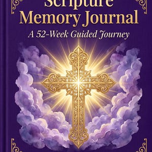 May include: A purple journal cover titled Scripture Memory Journal A 52-Week Guided Journey in gold lettering. The centre features a glowing gold cross surrounded by purple clouds. The corners have gold filigree borders and a small book icon.