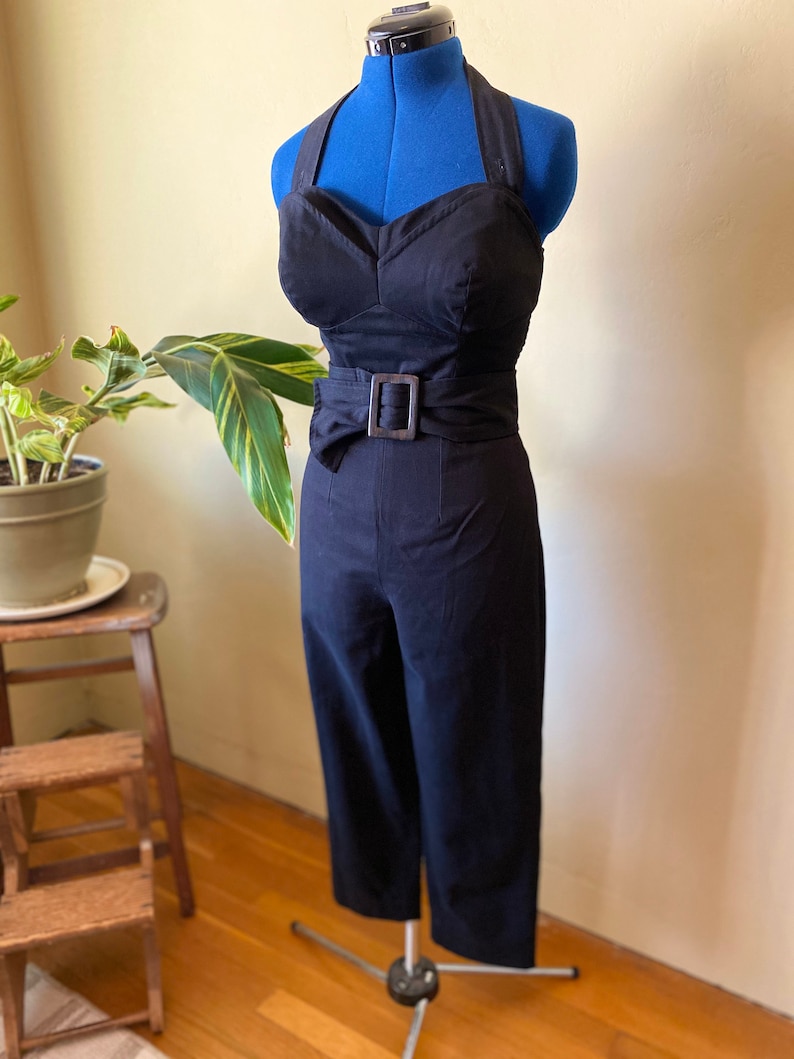 Inky Black Cotton Jumpsuit Catsuit with Structured Bodice
