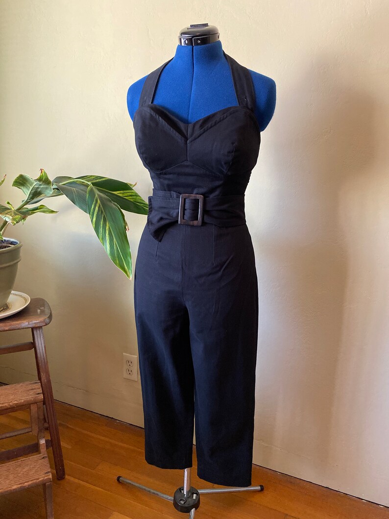 Inky Black Cotton Jumpsuit Catsuit with Structured Bodice