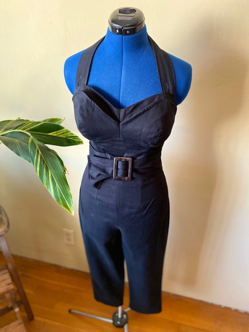Inky Black Cotton Jumpsuit Catsuit with Structured Bodice