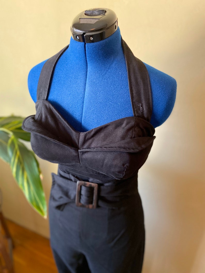 Inky Black Cotton Jumpsuit Catsuit with Structured Bodice