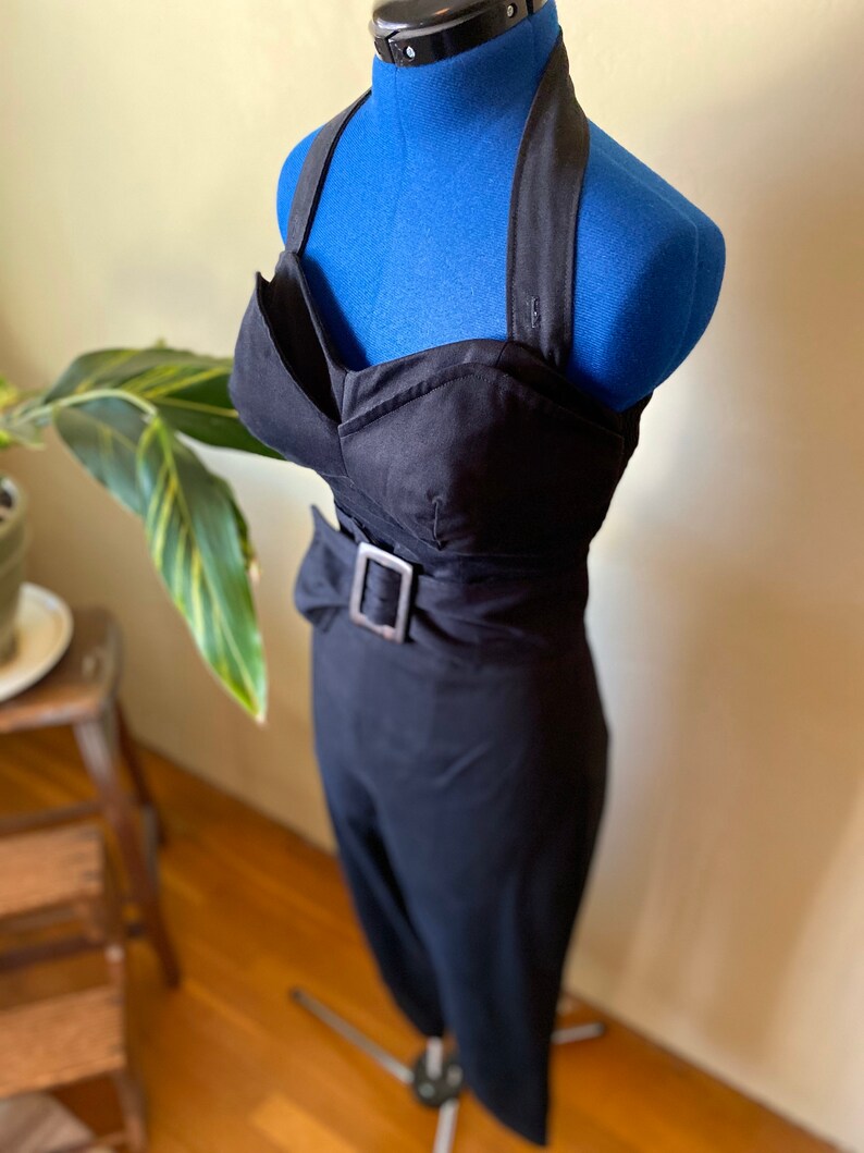 Inky Black Cotton Jumpsuit Catsuit with Structured Bodice