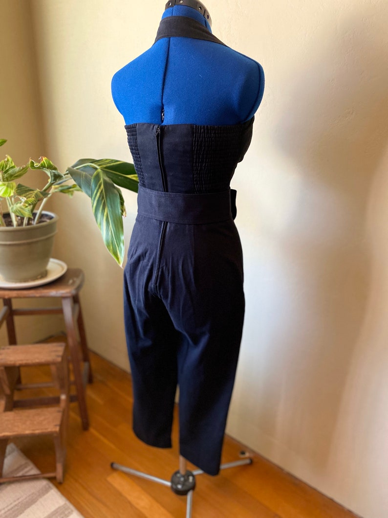 Inky Black Cotton Jumpsuit Catsuit with Structured Bodice