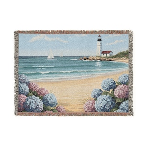 Couverture tissée côtière - design phare, jeté de couverture nautique, décoration de maison de plage, accent océan de maison, jeté de salon côtier, rustique