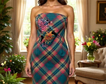 Vestido palabra de honor de lana a cuadros BCBG MAX AZRIA, talla 4