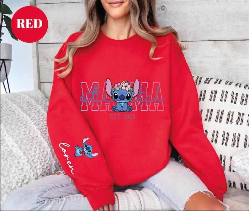 Custom Disney Stitch Mama Sweatshirt, Kids Name on Sleeve Sweatshirt,Disney Stitch Hoodie, Mother's Day Sweatshirt Gift For Mom,