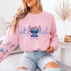 Custom Disney Stitch Mama Sweatshirt, Kids Name on Sleeve Sweatshirt,Disney Stitch Hoodie, Mother's Day Sweatshirt Gift For Mom,