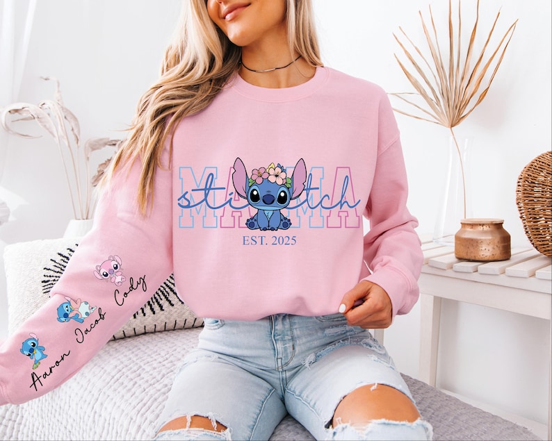 Custom Disney Stitch Mama Sweatshirt, Kids Name on Sleeve Sweatshirt,Disney Stitch Hoodie, Mother's Day Sweatshirt Gift For Mom,
