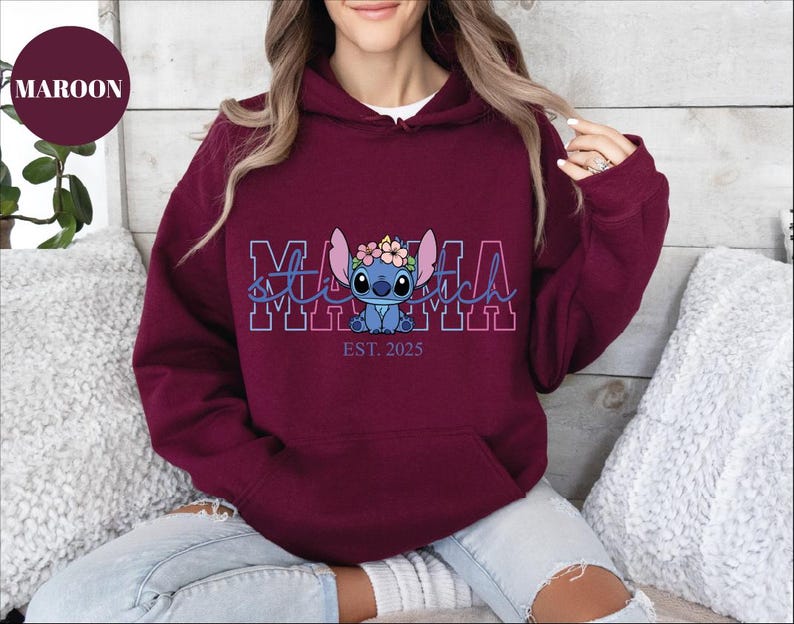 Custom Disney Stitch Mama Sweatshirt, Kids Name on Sleeve Sweatshirt,Disney Stitch Hoodie, Mother's Day Sweatshirt Gift For Mom,
