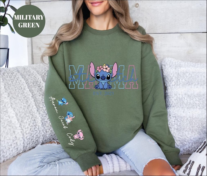 Custom Disney Stitch Mama Sweatshirt, Kids Name on Sleeve Sweatshirt,Disney Stitch Hoodie, Mother's Day Sweatshirt Gift For Mom,