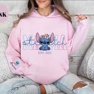 Custom Disney Stitch Mama Sweatshirt, Kids Name on Sleeve Sweatshirt,Disney Stitch Hoodie, Mother's Day Sweatshirt Gift For Mom,