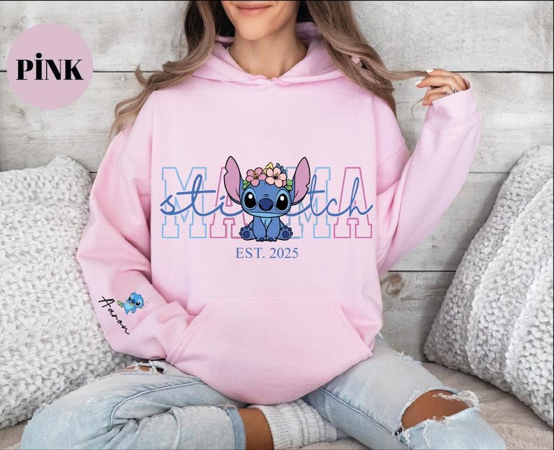 Custom Disney Stitch Mama Sweatshirt, Kids Name on Sleeve Sweatshirt,Disney Stitch Hoodie, Mother's Day Sweatshirt Gift For Mom,