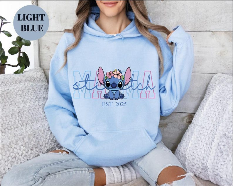 Custom Disney Stitch Mama Sweatshirt, Kids Name on Sleeve Sweatshirt,Disney Stitch Hoodie, Mother's Day Sweatshirt Gift For Mom,