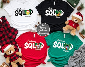 May include: Four short-sleeved t-shirts in white, black, red, and green, each with the text "Christmas Squad" and a Disney character design. The names William, James, Jennifer, and Sophia are printed below the designs. A Christmas theme.