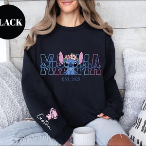 Custom Disney Stitch Mama Sweatshirt, Kids Name on Sleeve Sweatshirt,Disney Stitch Hoodie, Mother's Day Sweatshirt Gift For Mom,