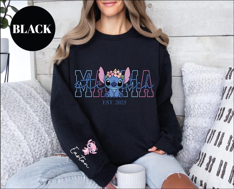 Custom Disney Stitch Mama Sweatshirt, Kids Name on Sleeve Sweatshirt,Disney Stitch Hoodie, Mother's Day Sweatshirt Gift For Mom,