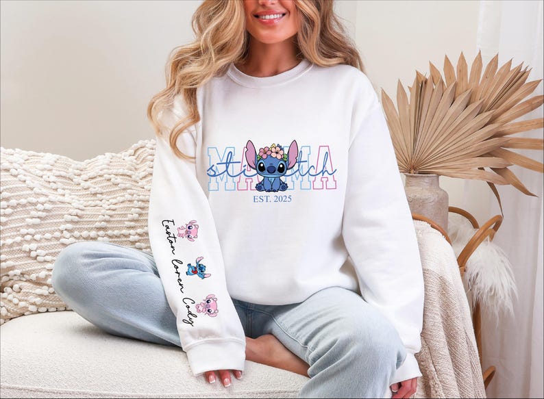 Custom Disney Stitch Mama Sweatshirt, Kids Name on Sleeve Sweatshirt,Disney Stitch Hoodie, Mother's Day Sweatshirt Gift For Mom,
