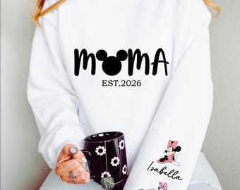 Comfort Colors®  Personalized Disney Mickey and Friends Mama Sweatshirt, Disney Custom Mom,With Kids Name On Sleeve, Mother's Day Gift