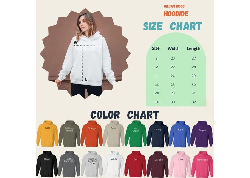 The image is a size chart for a hoodie, featuring a woman's image and a color chart with various colored hoodies.
