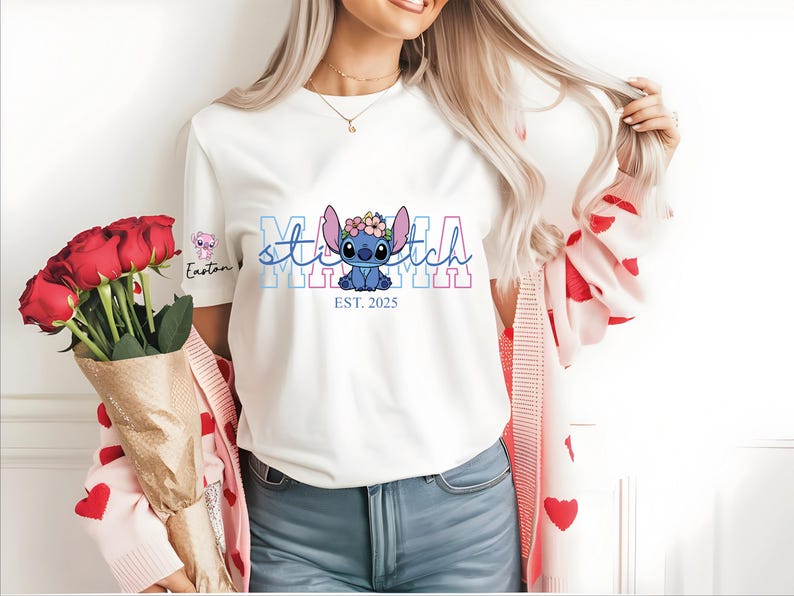 Custom Disney Stitch Mama Sweatshirt, Kids Name on Sleeve Sweatshirt,Disney Stitch Hoodie, Mother's Day Sweatshirt Gift For Mom,