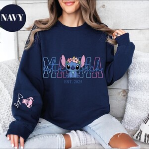 Custom Disney Stitch Mama Sweatshirt, Kids Name on Sleeve Sweatshirt,Disney Stitch Hoodie, Mother's Day Sweatshirt Gift For Mom,