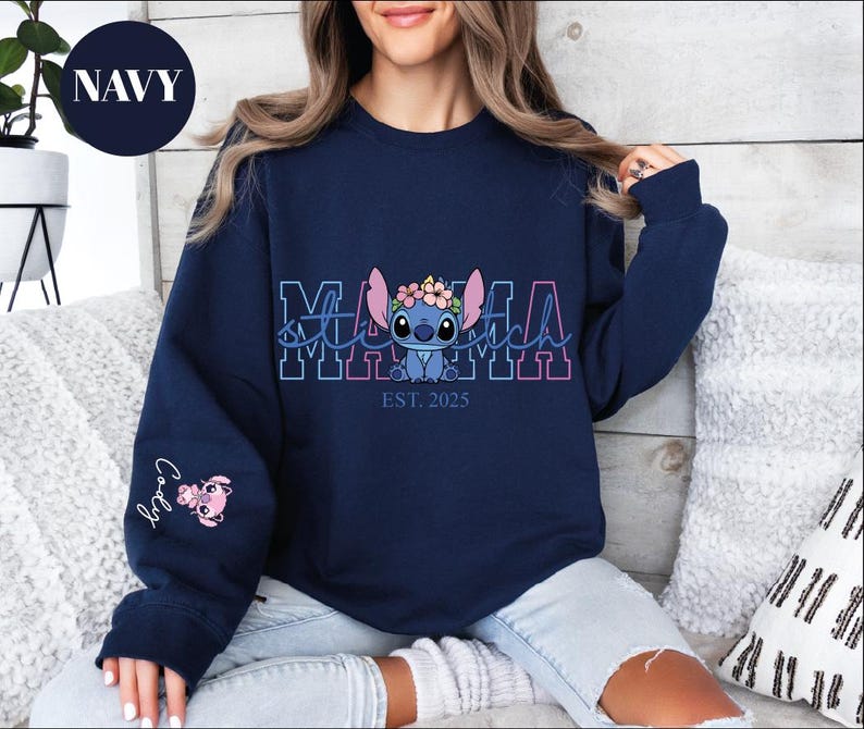 Custom Disney Stitch Mama Sweatshirt, Kids Name on Sleeve Sweatshirt,Disney Stitch Hoodie, Mother's Day Sweatshirt Gift For Mom,