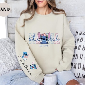 Custom Disney Stitch Mama Sweatshirt, Kids Name on Sleeve Sweatshirt,Disney Stitch Hoodie, Mother's Day Sweatshirt Gift For Mom,