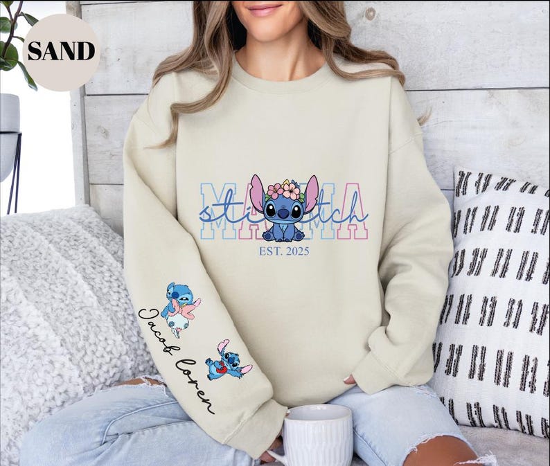 Custom Disney Stitch Mama Sweatshirt, Kids Name on Sleeve Sweatshirt,Disney Stitch Hoodie, Mother's Day Sweatshirt Gift For Mom,