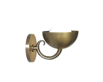 Brass Spherical Wall Sconce — Bathroom & Bedside Lighting — Features a White Frosted Glass Globe Shade