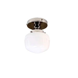 May include: A flush mount ceiling light fixture with a polished chrome finish and a white, teardrop-shaped glass shade. The fixture has a simple, elegant design, suitable for various interior styles.