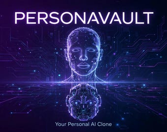 Puede incluir: Un gráfico digital con el texto PERSONAVAULT y el subtítulo Your Personal AI Clone. La imagen muestra una silueta de cabeza humana de estructura metálica azul brillante sobre una cabeza robótica mecánica detallada en un circuito impreso morado.