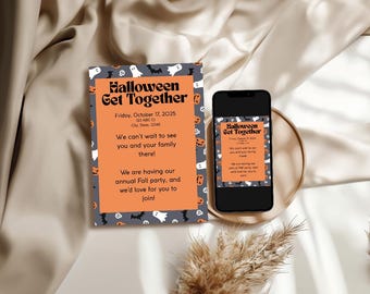 Halloween Party Printable Set | Orange Halloween Posters + Invitation | Spooky Fall Decor Digital Download Bundle