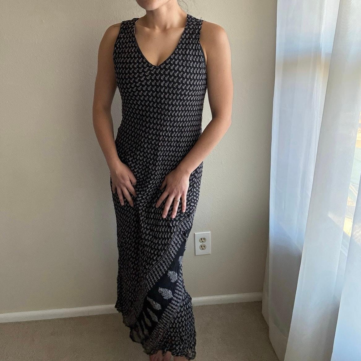 navy blue dress for baby girl Vintage White Cutout Dress 90s Maxi Dress Cutwork Scoop Neck Cut Out Sleeveless High Waist Summer Sundress Beachy Hippie Day 1990s Medium main image 1