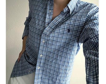 Camisa a cuadros azules de Ralph Lauren, estilo universitario, vacaciones, preppy, trabajo, negocios, Y2K