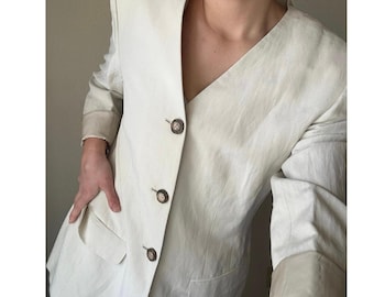Liz Claiborne Collection Vintage Beige Blazer Silk Linen coastal grandma neutral