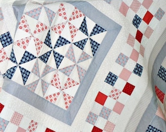 Quilt Sewing Pattern in blue red & white, tricolour patchwork for America France England etc, round by round medallion design, PDF download