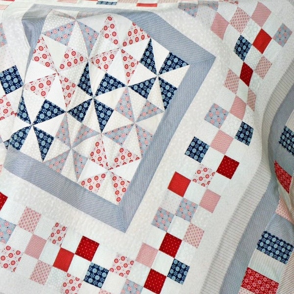Quilt Sewing Pattern in blue red & white, tricolour patchwork for America France England etc, round by round medallion design, PDF download