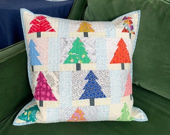 Quilted Pillow Pattern, Christmas Trees sewing tutorial, pieced patchwork quilt cushion, unique modern quilt PDF pattern, festive home decor