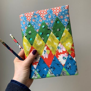Fabric Notebook Cover Sewing PDF PATTERN,  diamond patchwork quilt design for any A5 size album journal planner diary, modern sewing.
