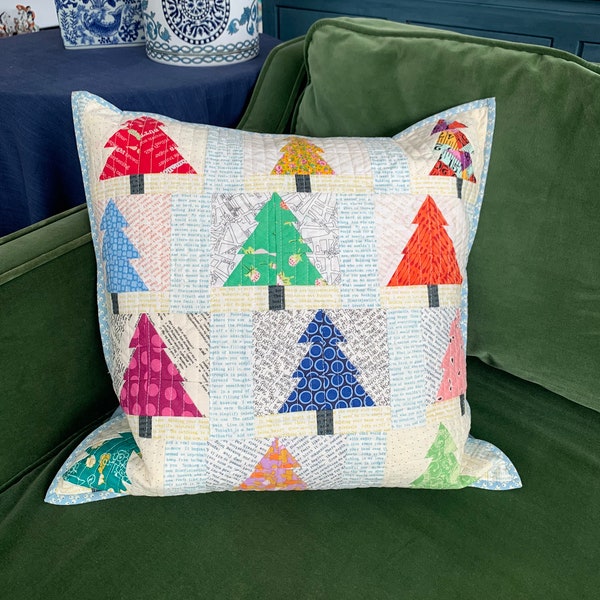 Quilted Pillow Pattern, Christmas Trees sewing tutorial, pieced patchwork quilt cushion, unique modern quilt PDF pattern, festive home decor