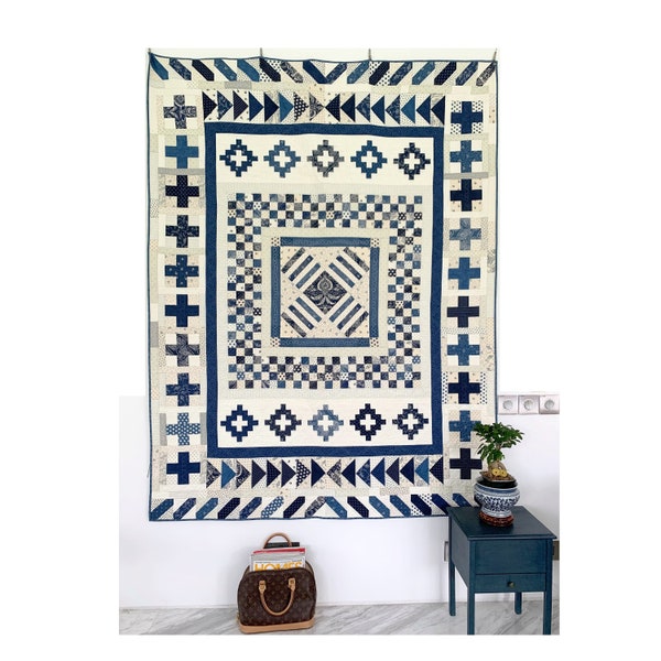 Medallion Quilt PDF Sewing Pattern, easy patchwork blanket pieced round robin style from the middle outwards, large size,blue & white design