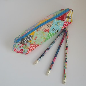 Pencil case PDF sewing pattern, a fun & easy 3D elongated triangle prism shape zip pouch, patchwork design bag by Tikki London