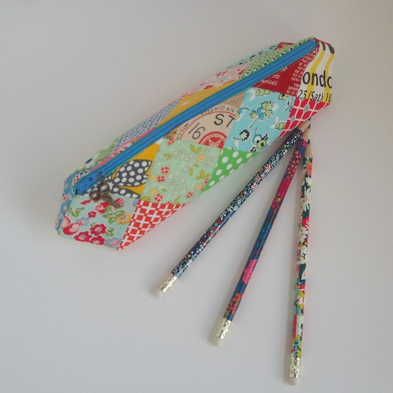 Pencil case PDF sewing pattern, a fun & easy 3D elongated triangle prism shape zip pouch, patchwork design bag by Tikki London