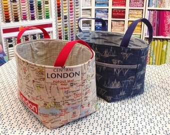 Fabric Basket Sewing Pattern padded versatile design & easy-to-follow PDF download for a DIY storage  caddy with handles by Tikki London