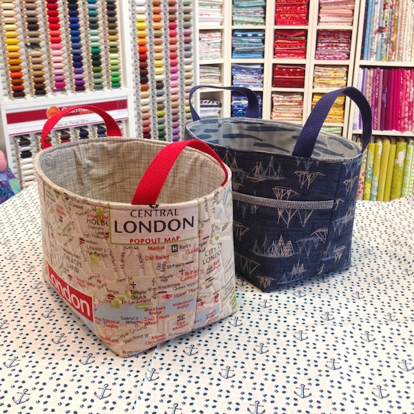 Fabric Basket Sewing Pattern padded versatile design & easy-to-follow PDF download for a DIY storage  caddy with handles by Tikki London