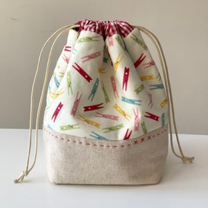 Drawstring Bag Sewing Pattern, cute two fabric bag design, PDF tutorial for a multipurpose storage bag, instant download by Tikki London