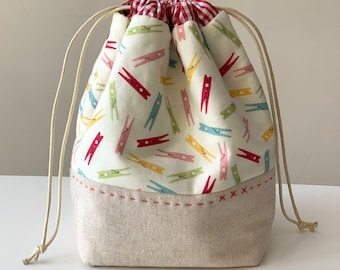 Drawstring Bag Sewing Pattern, cute two fabric bag design, PDF tutorial for a multipurpose storage bag, instant download by Tikki London