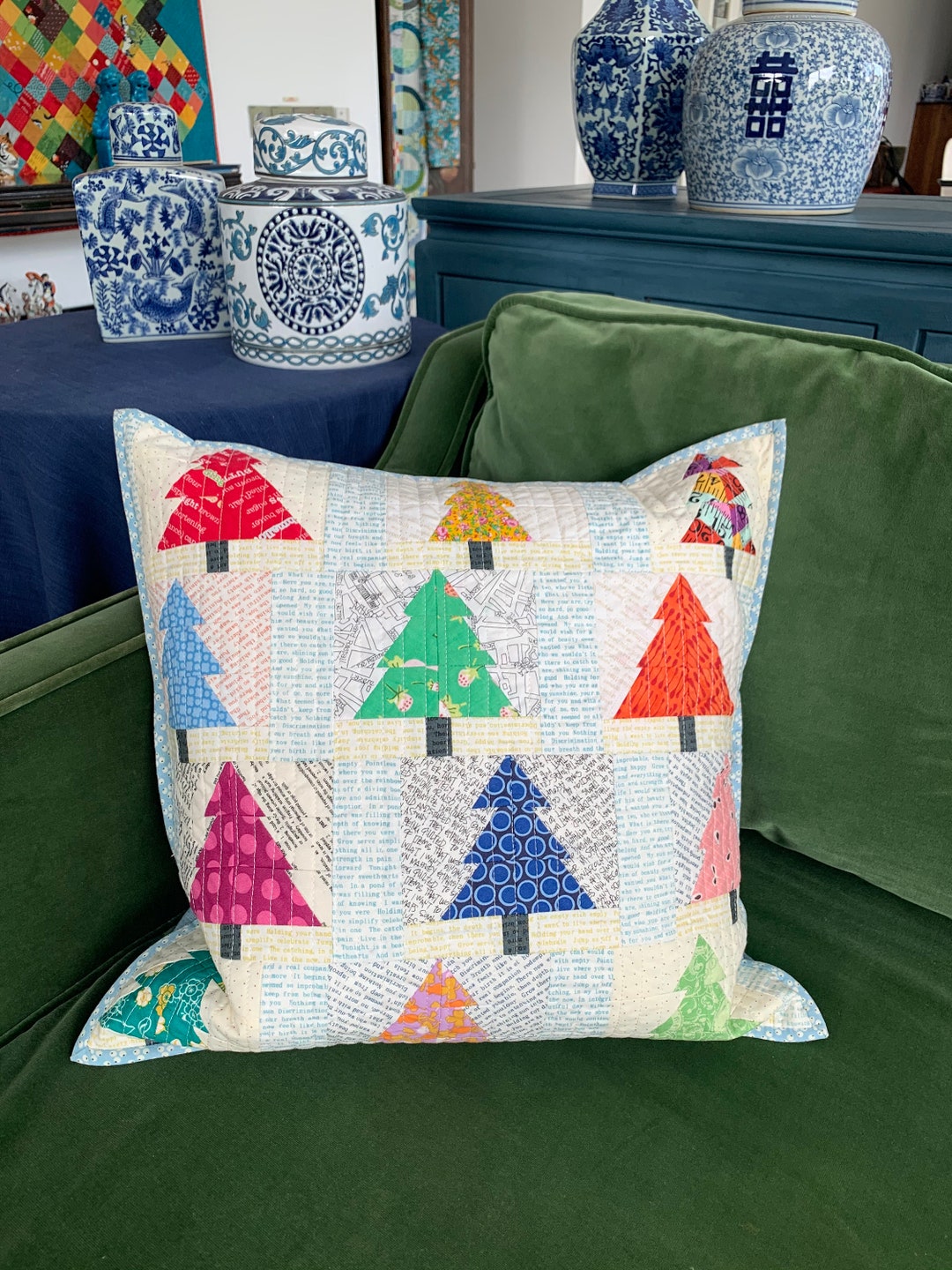 Quilted Pillow Pattern, Christmas Trees Sewing Tutorial, Pieced