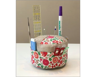 Pin Cushion Caddy PDF Sewing Pattern, needle clip & notions organizer, round cylindrical shape, linen and Liberty patchwork by Tikki London